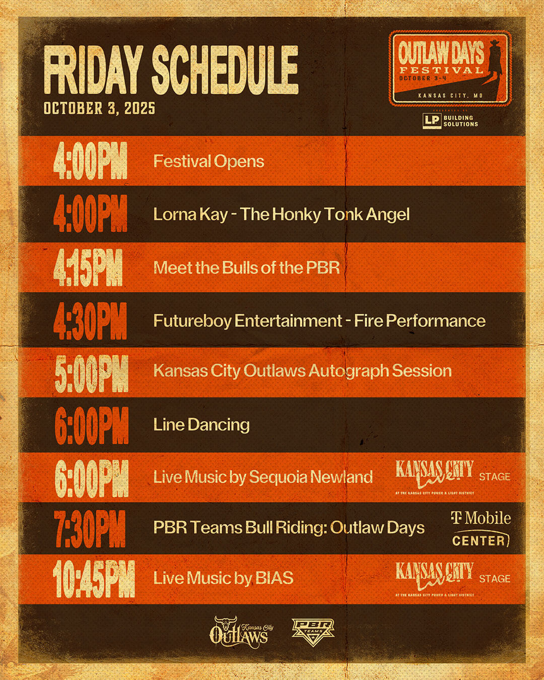 Friday Schedule for Outlaw Days Festival 2025