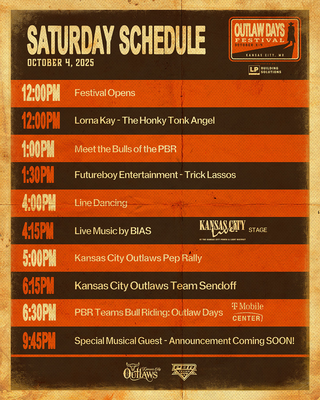 Saturday Schedule for Outlaw Days Festival 2025